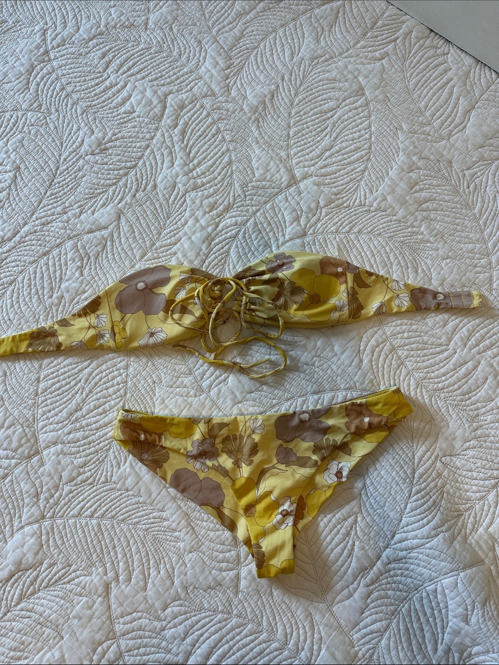 RVCA Yellow Floral Bandeau Bikini Top with Brown Accents